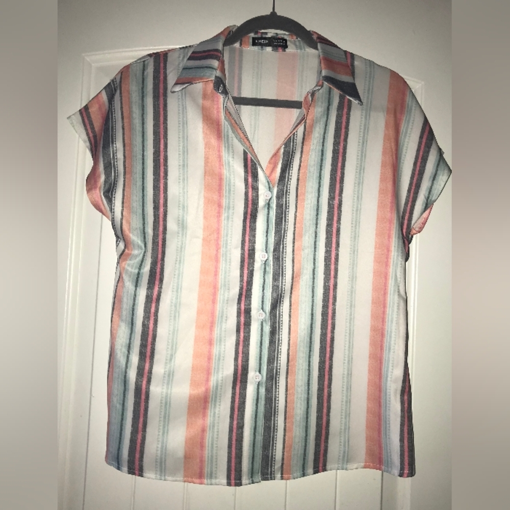 Womans Striped Teal Coral White Grey Business Casual Button Up Blouse Shirt
